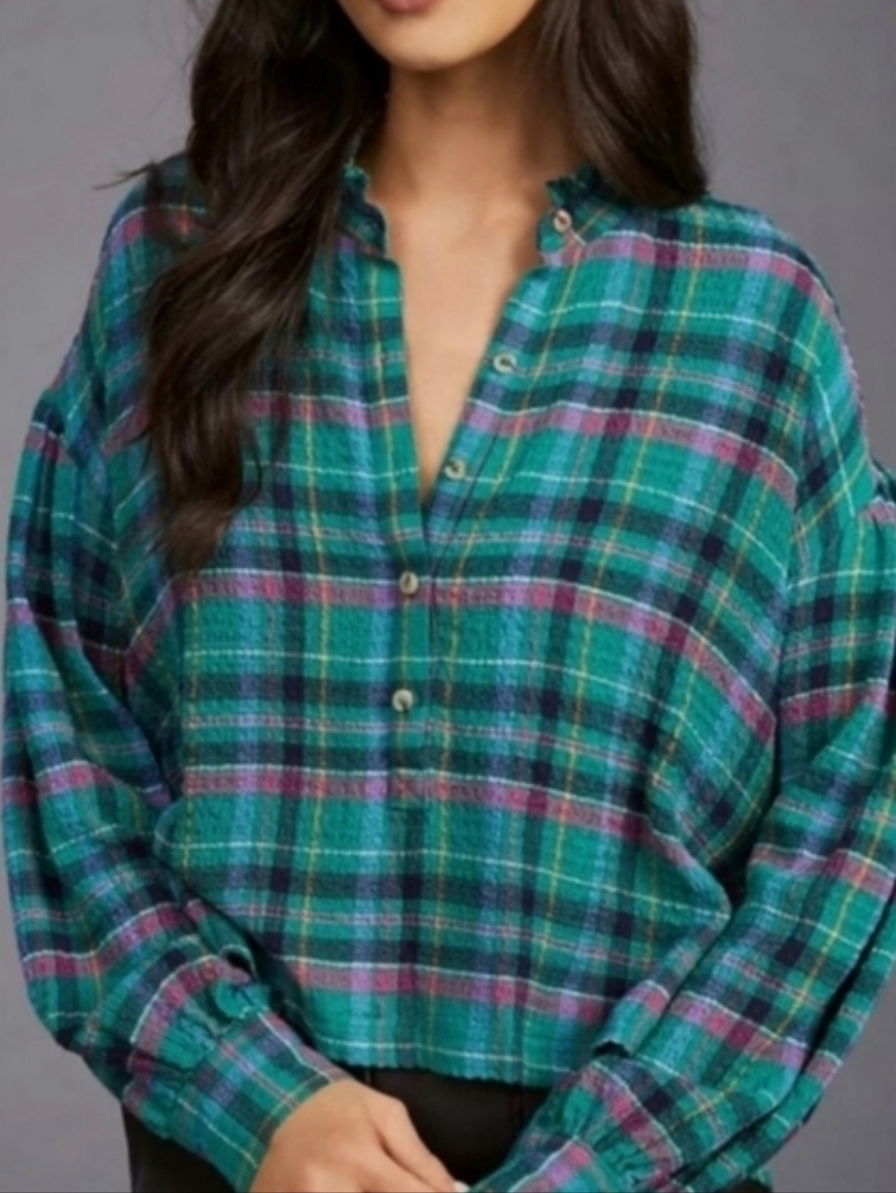 Anthropologie Pilcro Plaid Buttoned Cropped Peasant Top Puffed Sleeves Green XS